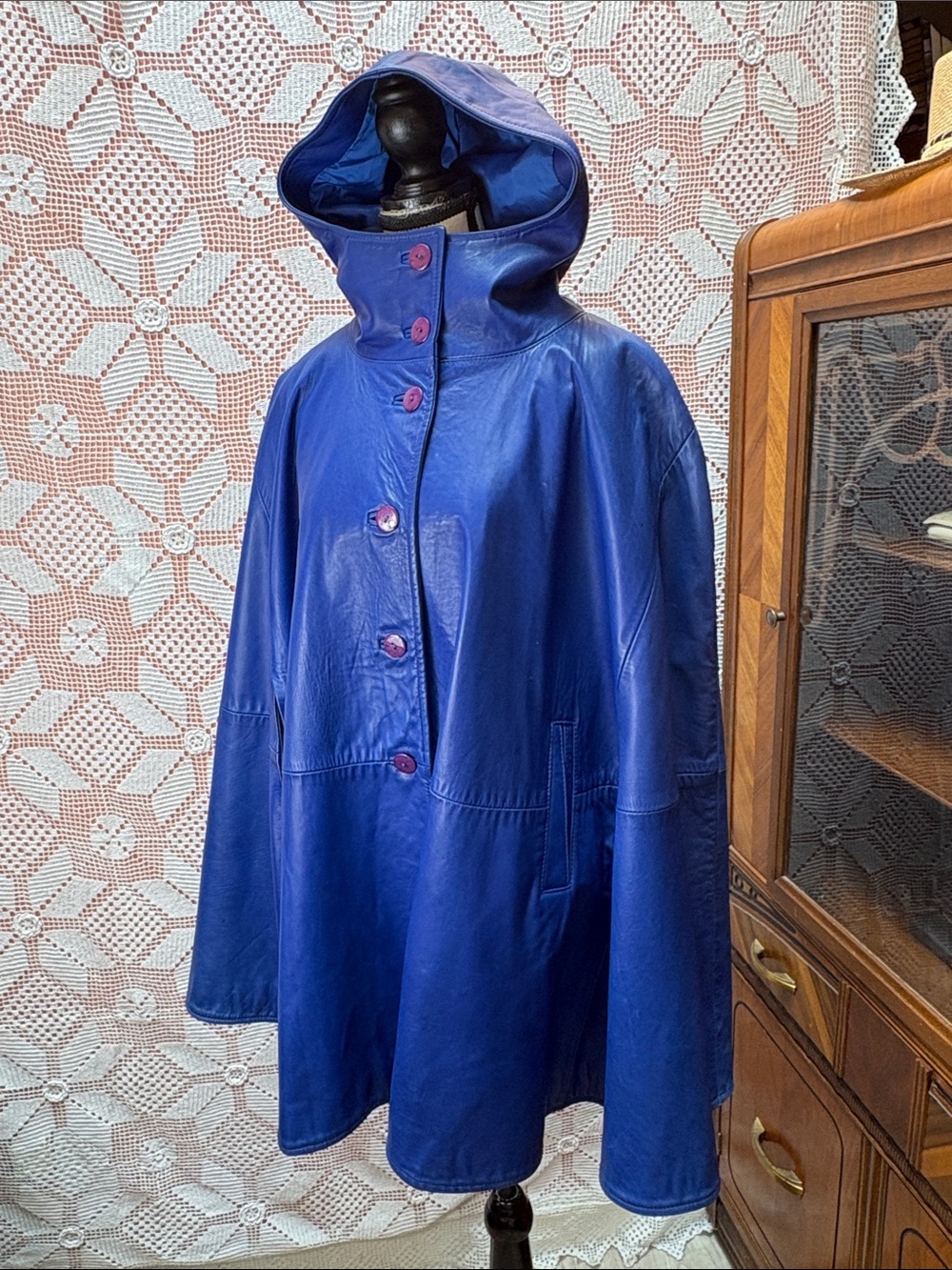 Vintage Leather Neto Cobalt Blue Hooded Cape